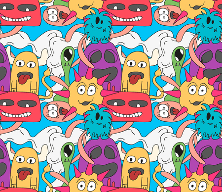 Doodle monsters seamless pattern in bright colors. Ornament for textiles, packaging paper and background.のイラスト素材