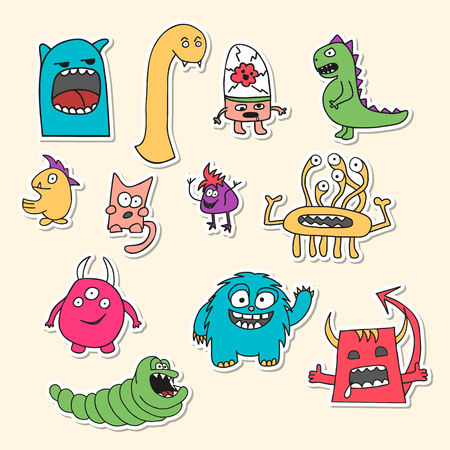 Set of stickers with doodle monsters in bright colorsのイラスト素材
