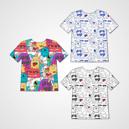 Set of three t-shirts with abstract funny monsters. Colorful print.のイラスト素材