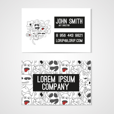 Business card template whit funny doodle monstes. Corporate identity.  Illustration in white and black colors.のイラスト素材