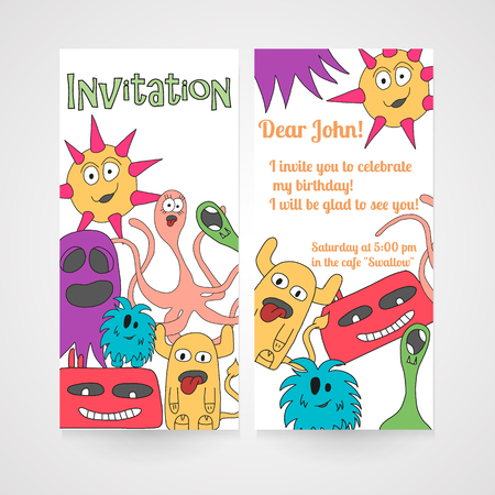 Card with abstract monsters pattern. Invitation for birthday. Vector illustration.のイラスト素材