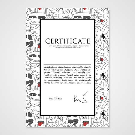 Graphic design template document with abstract monsters. Hand drawn illustration in black and white colors.のイラスト素材