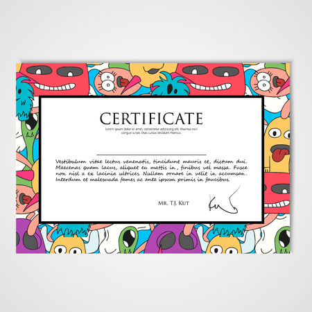 Graphic design template document with abstract monsters. Hand drawn illustration in bright colors.のイラスト素材