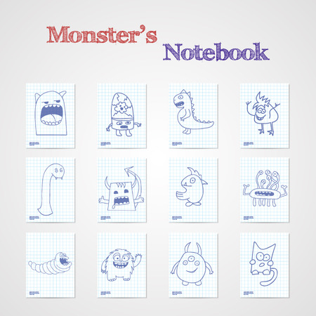 Set of eight notebook sheets with funny monsters. Vector illustration.のイラスト素材