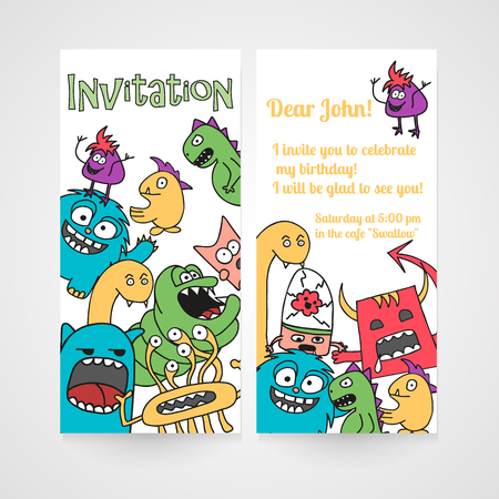 Card with abstract monsters pattern. Invitation for birthday. Vector illustration.のイラスト素材