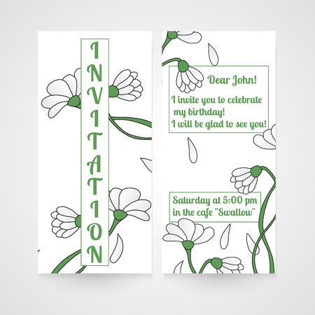 Card with hand drawn chamomiles. Invitation for birthday. Vector illustration.のイラスト素材