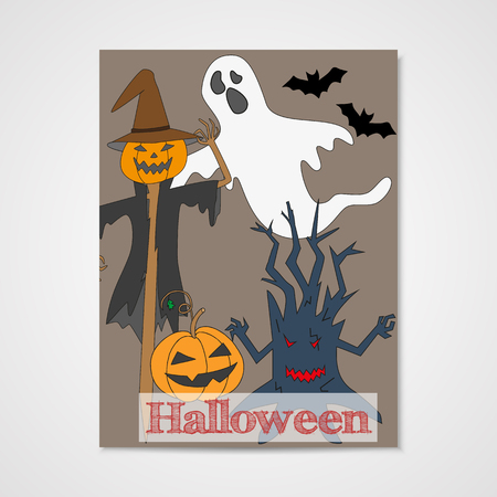 Card with hand drawn doodle scum - ghost, scarecrow, pumpkin and other. Invitation for Halloween party. Vector illustration.のイラスト素材