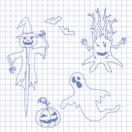 Collection icons for halloween on notebook. のイラスト素材