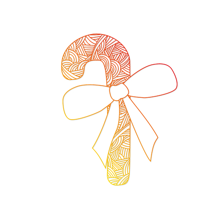 New year candy cane  with  bow and abstract doodle pattern.  Christmas collection. Vector illustration.のイラスト素材