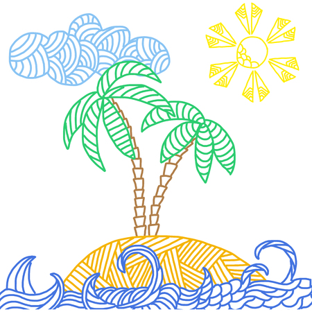 illustration of tropical island with palms and wavesのイラスト素材