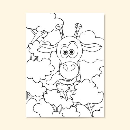 Poster with funny giraffe. Can be used for coloring book page design. Vector black and white illustration.のイラスト素材