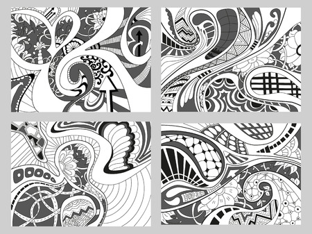 Set of four abstract background with lines, wave and flowers. Vector illustration.のイラスト素材