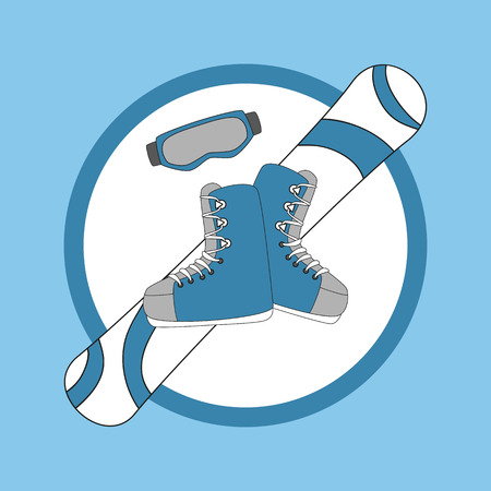 Emblem snowboarding - snowboard and shoes, mask. Hand drawn vector illustration.のイラスト素材