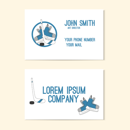 Business card with emblem hockey - skates, stick and puck.  Hand drawn vector illustration.のイラスト素材