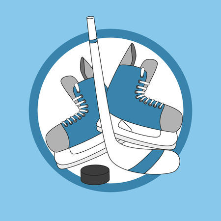 Emblem hockey - skates, stick and puck. Hand drawn vector illustration.のイラスト素材