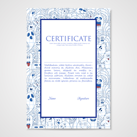 Graphic design template document with abstract monsters on notebook. Hand drawn illustration.のイラスト素材