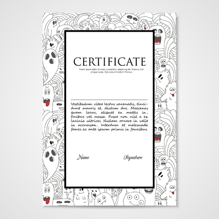 Graphic design template document with abstract monsters. Hand drawn illustration in black and white colors.のイラスト素材