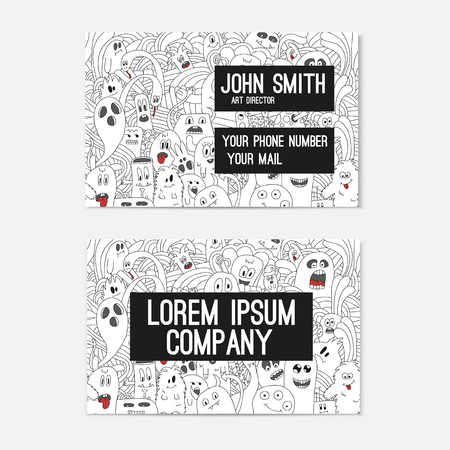 Business card template whit funny doodle monsters. Corporate identity.  Illustration in white and black colors.のイラスト素材