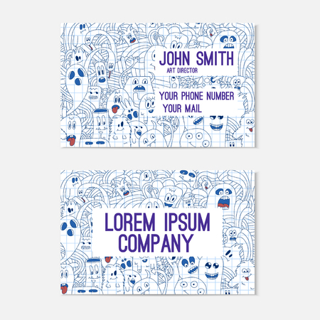 Business card template whit funny doodle monsters on notebook. Corporate identity.のイラスト素材
