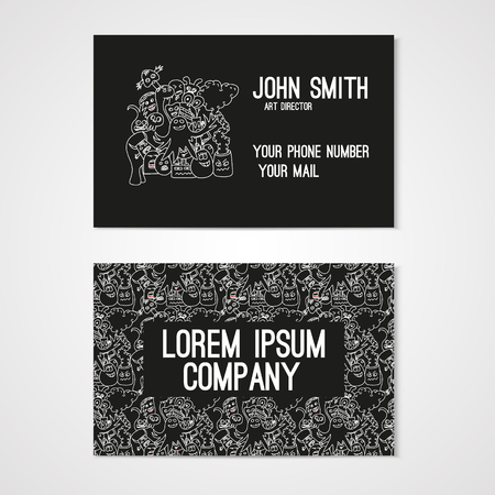 Business card template whit funny doodle monstes. Corporate identity.  Illustration in white and black colors.のイラスト素材