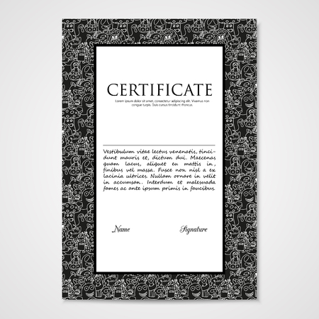 Graphic design template document with abstract monsters. Hand drawn illustration in black and white colors.のイラスト素材