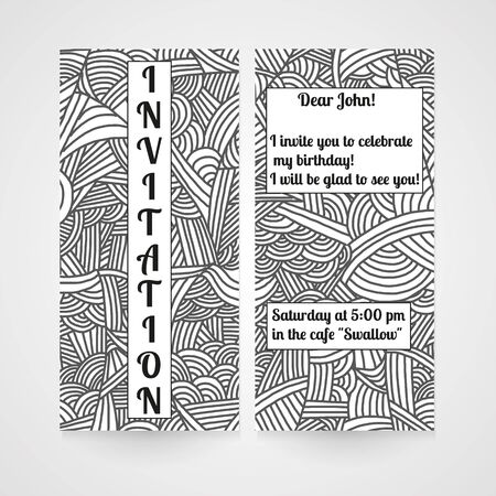 Card with hand drawn doodle pattern. Invitation for birthday. Vector illustration.のイラスト素材