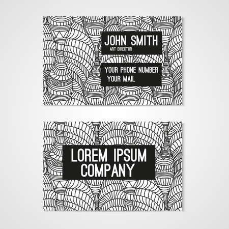 Business card template with hand drawn doodle pattern. Corporate identity. Vector illustration.のイラスト素材
