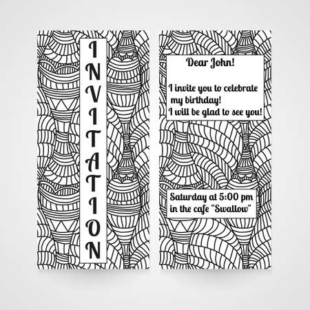 Card with hand drawn doodle pattern. Invitation for birthday. Vector illustration.のイラスト素材