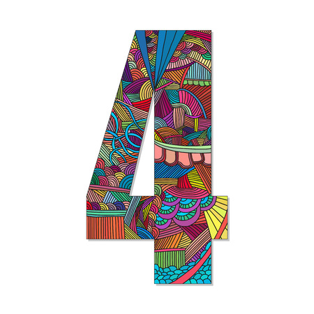 Number 4 with hand drawn abstract doodle pattern. Vector illustration.のイラスト素材