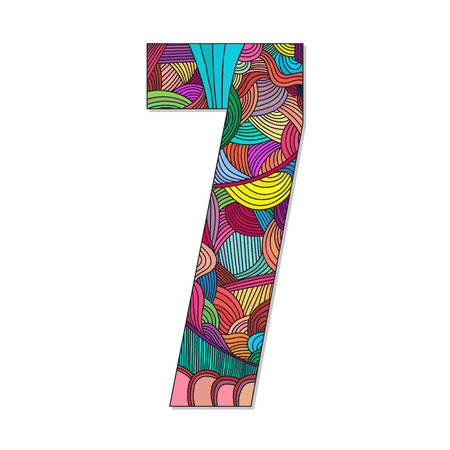 Number 7 with hand drawn abstract doodle pattern. Vector illustration.のイラスト素材
