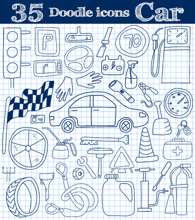 Car and drive. Set of 35 doodle icon in blue colors on notebook. Vector illustrationのイラスト素材