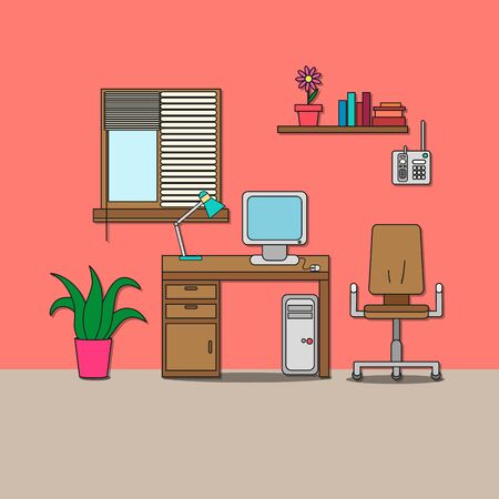 Design of room - cabinet with chair, desk with computer and lamp, shelf with books, phone, flower and window with jalousie. Vector illustration for interior.のイラスト素材