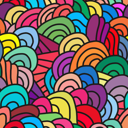 Abstract seamless patterns. Bright backgrounds with linear doodles, scales, diagonal waves, hand drawn graphics made with graphics tablet. Vector Illustration.のイラスト素材