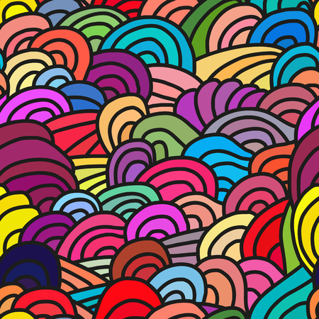 Abstract seamless patterns. Bright backgrounds with linear doodles, scales, diagonal waves, hand drawn graphics made with graphics tablet. Vector Illustration.のイラスト素材