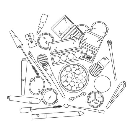 Cosmetics and fashion background with make up artist objects - lipstick, eyeshadow, brush, powder and other.  Vector illustration.のイラスト素材