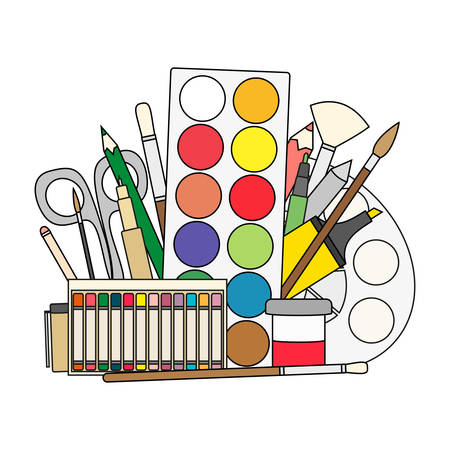 Art and back to school Supplies- paint brushes, pencils, paint, liners. Doodle vector illustration.のイラスト素材