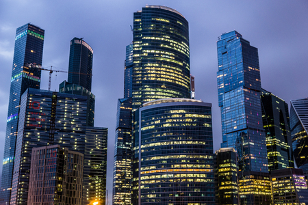 Moscow, Russia - July 2016. Skyscrapers of Moscow city business center at night.のeditorial素材
