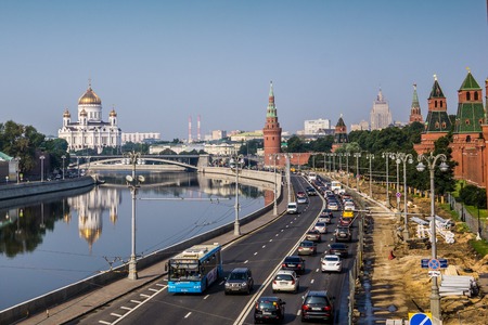 Moscow, Russia - July 2016. Panoramic view to Moscow Kremlin from bridge over Moscow river.のeditorial素材