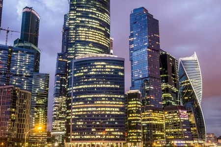 Moscow, Russia - July 2016. Skyscrapers of Moscow city business center at night.のeditorial素材