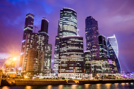 Moscow, Russia - July 2016. Skyscrapers of Moscow city business center at night.のeditorial素材