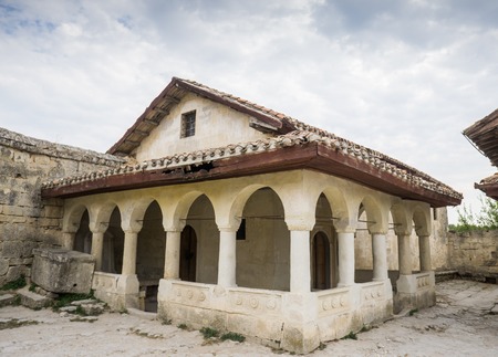 Reconstructed Karaim kenasa in medieval cave town Chufut-Kale. Bakhchisaray, Crimea