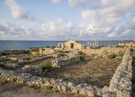 Sevastopol. Crimea, Russia - September 2016: Ancient Greek basilica and marble columns in Chersonesus Taurica.のeditorial素材