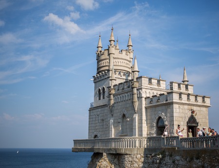 Gaspra, Crimea, Russia - September 2016: The decorative Neo-Gothic castle Swallow's Nest on the rock over the Black Sea.のeditorial素材