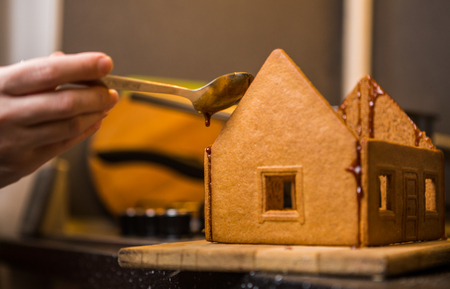 Homemade gingerbread house. Preparing for Christmas selebrationの写真素材