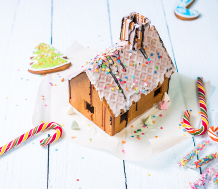 Homemade gingerbread house with glaze and confectionery sprinkling on white backgroundの写真素材