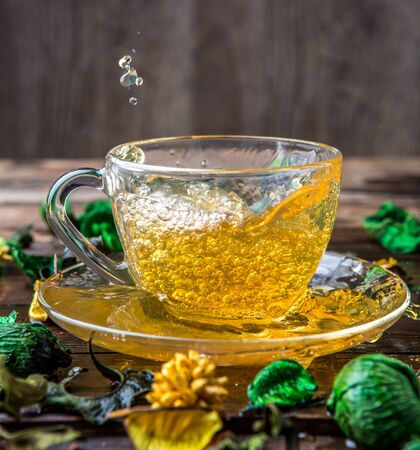 Green tea on wooden tableの写真素材