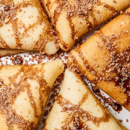 Hot cakes with chocolate close-upの写真素材