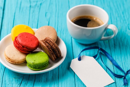 Dessert macaroon, cup of coffeeの写真素材