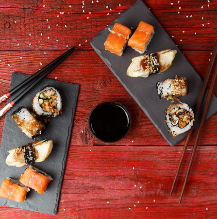Rolls served at red tableの写真素材
