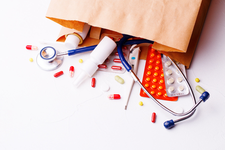 Package with drugs, stestaskopom and thermometer.の写真素材
